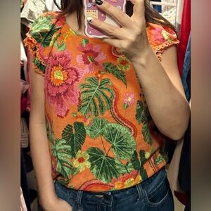 Cynthia Rowley Orange Floral Embroidered Short Sleeve Top